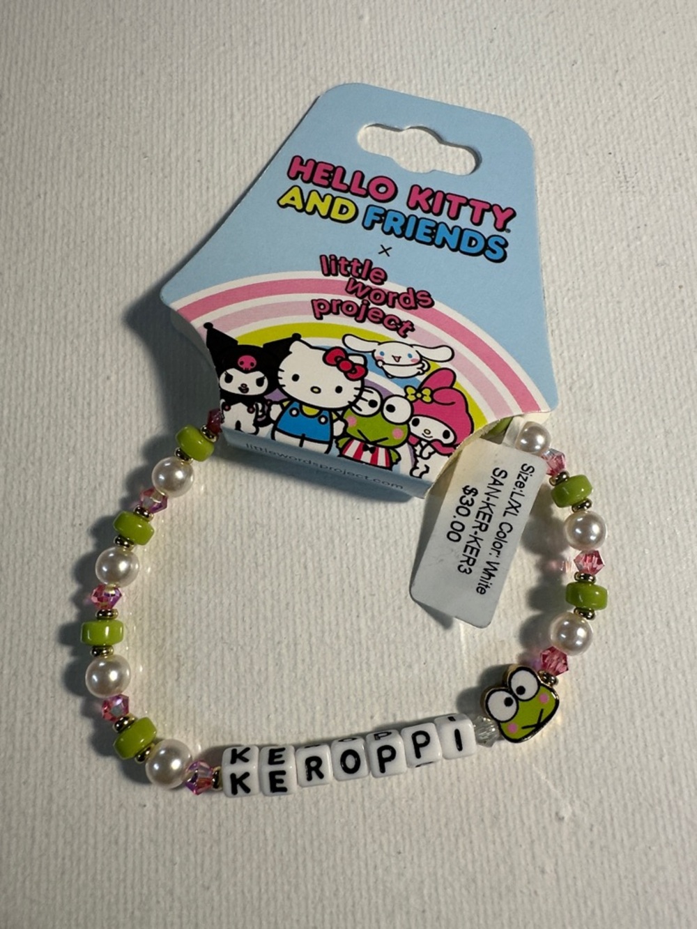 Hello Kitty and Friends Beaded Bracelet White Green & Pink LWP Word KEROPPI L/XL